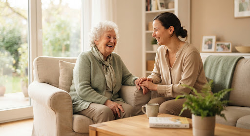 Elderly woman with caregiver
